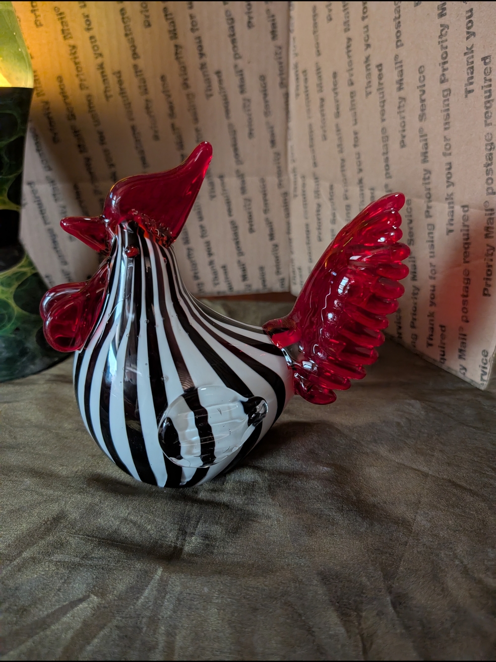 Murano Handblown Glass Rooster Figurine - Red and Black/White
